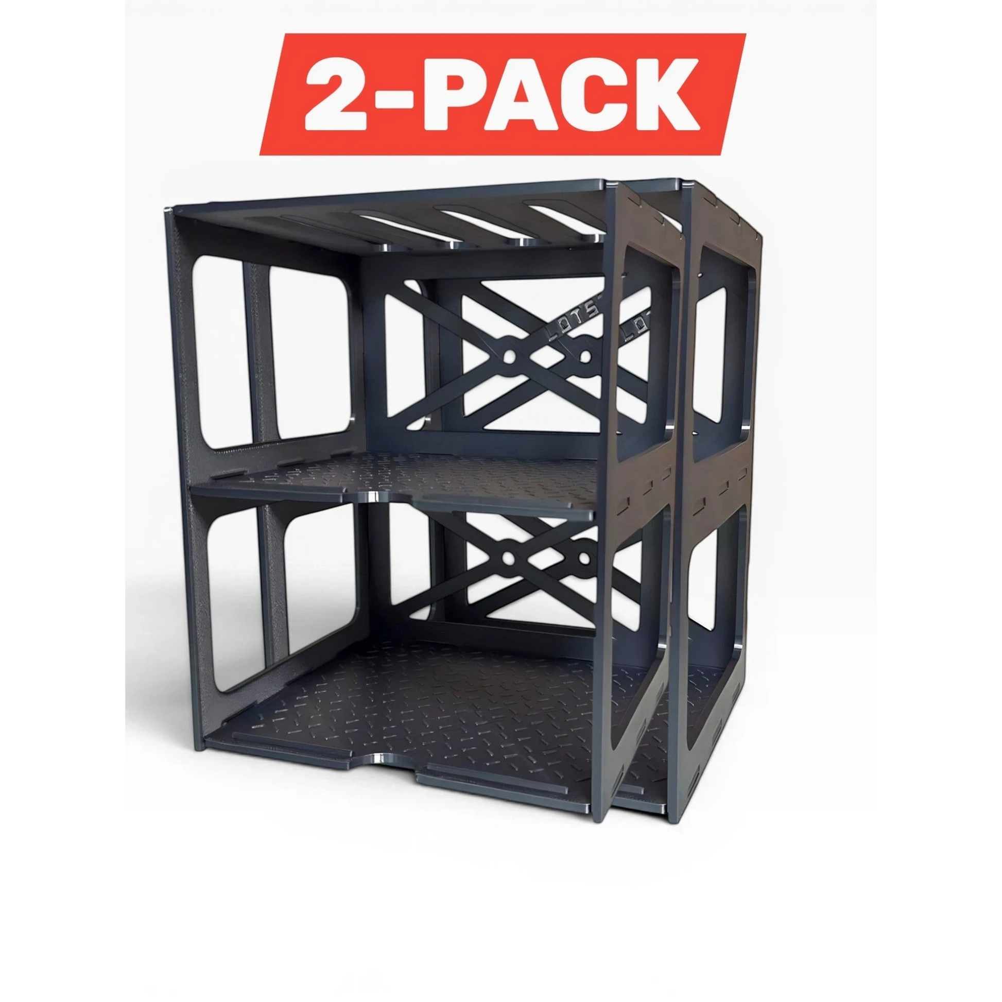 Lot57Supplies Diecast Shop 2-pack stackable pit rack display stand for 1:64 scale diecast cars with industrial design.