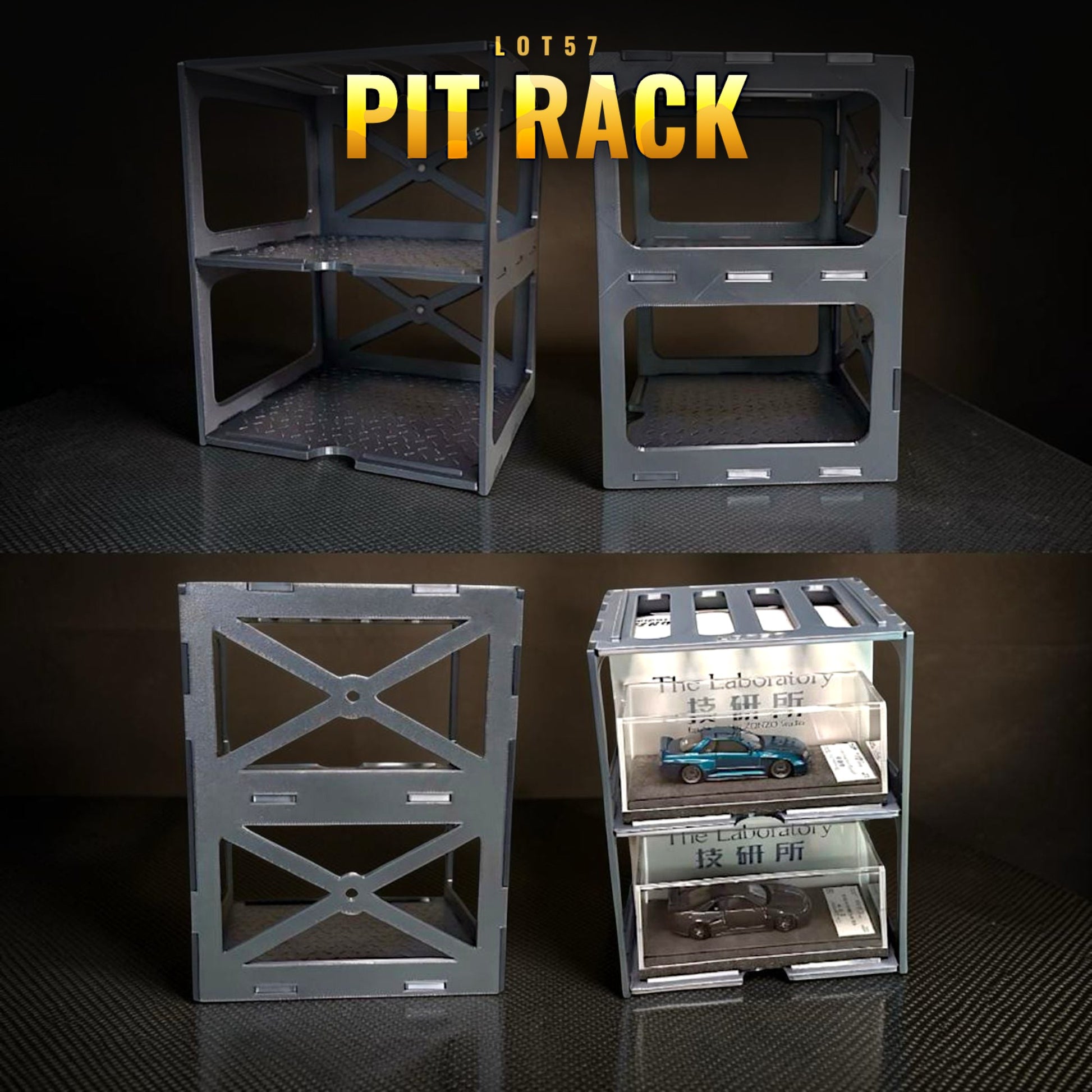 Lot57Supplies Diecast Shop modular gunmetal pit rack display stand for 1:64 scale diecast cars with diamond-plate shelves.