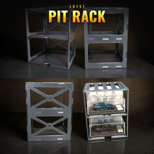 Lot57Supplies Diecast Shop modular gunmetal pit rack display stand for 1:64 scale diecast cars with diamond-plate shelves.