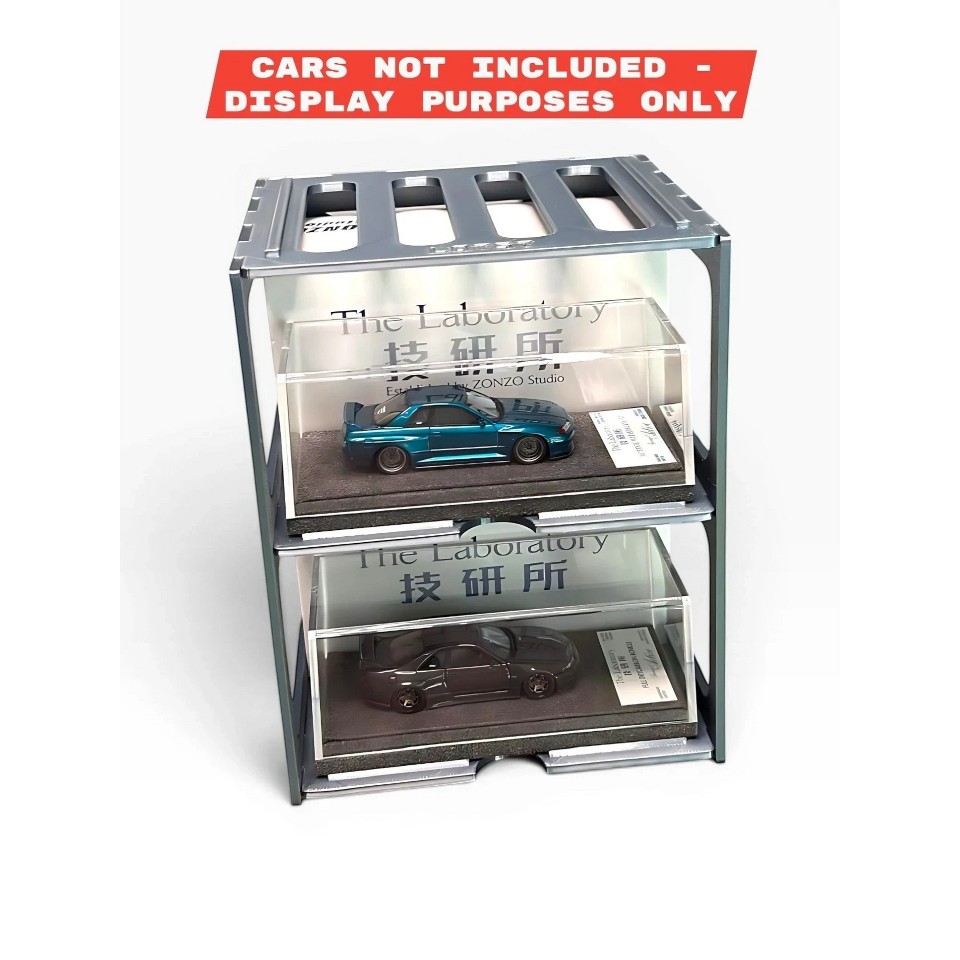 Lot57Supplies Diecast Shop modular gunmetal pit rack display stand holding two 1:64 scale diecast car cases.