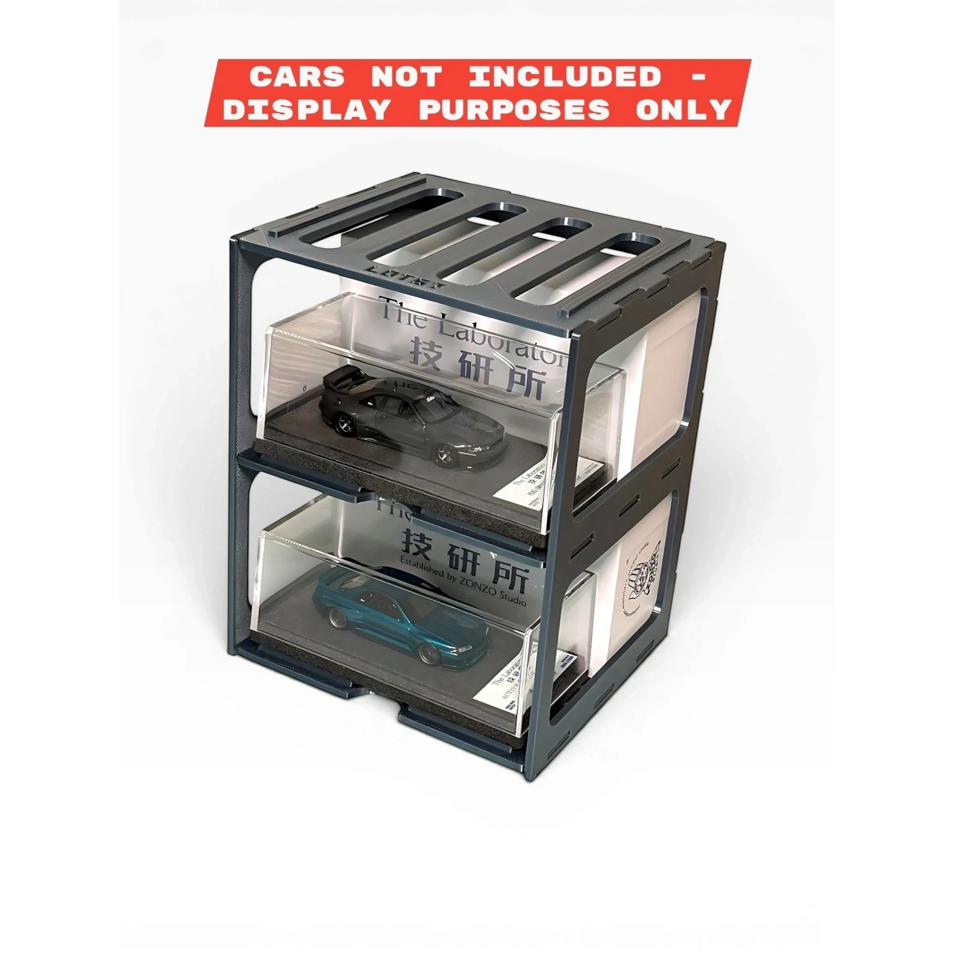 Lot57Supplies Diecast Shop stackable gunmetal pit rack display stand holding two 1:64 scale diecast car cases