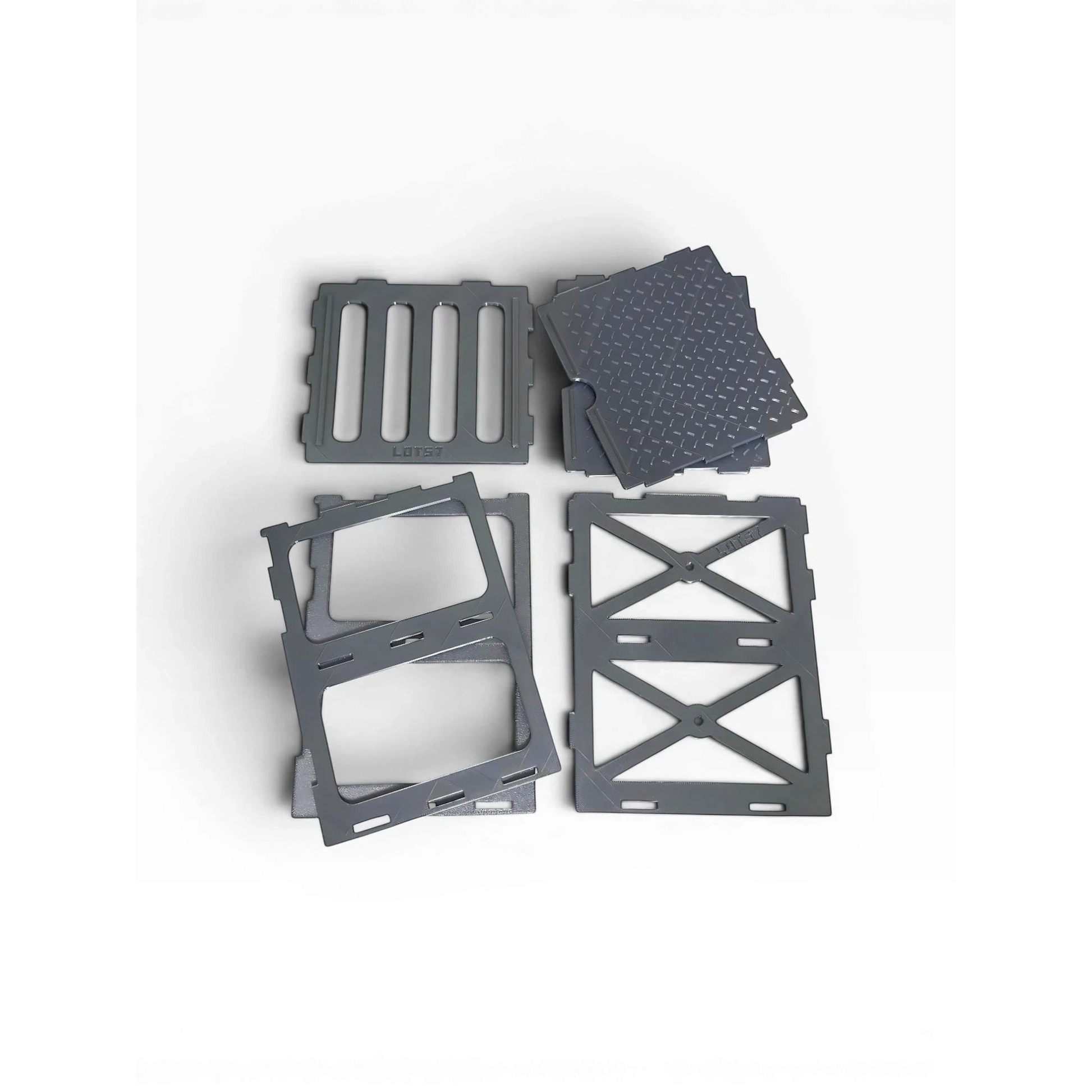 Lot57Supplies Diecast Shop modular pit rack display stand parts in gunmetal grey with diamond-plate texture