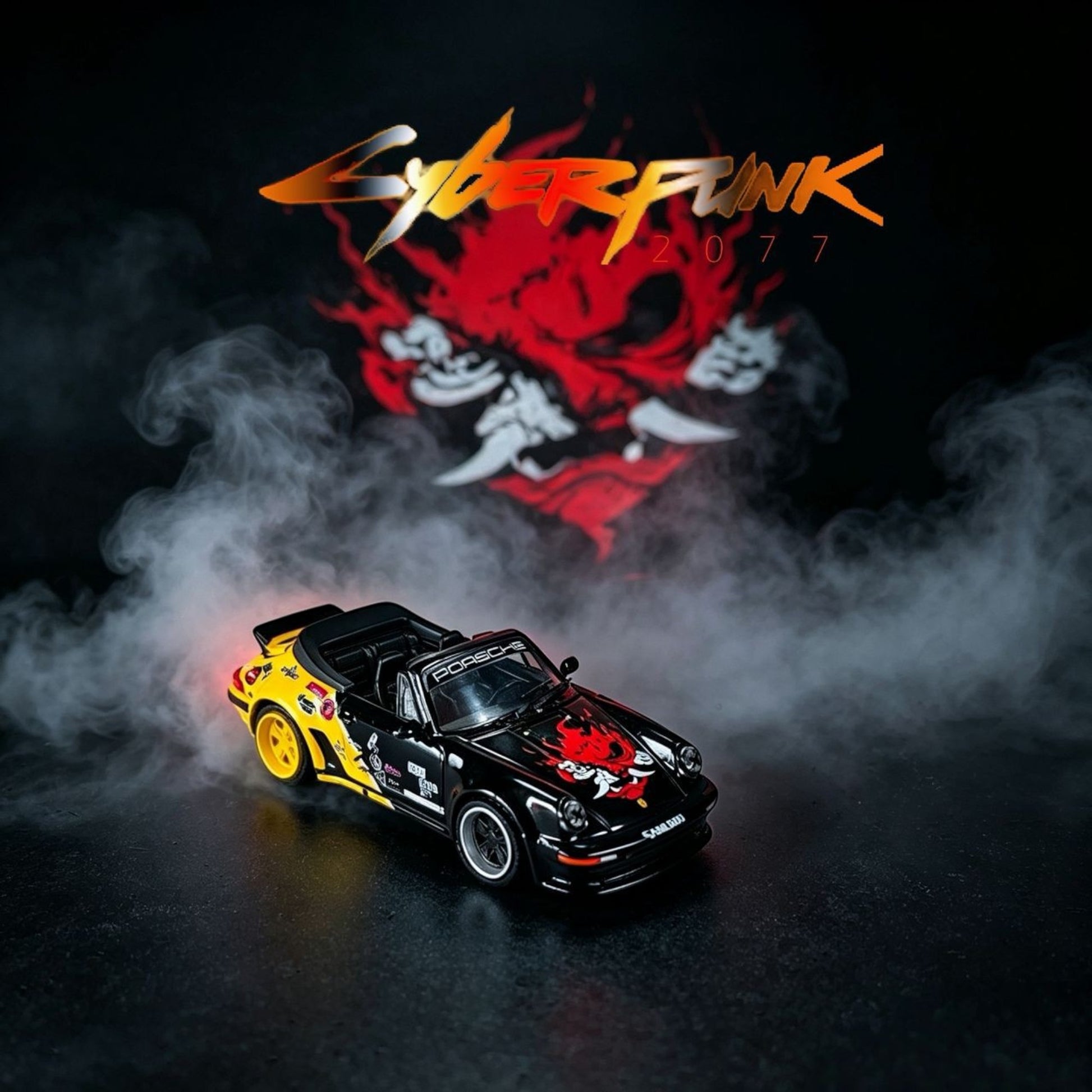 Lot57Supplies Diecast Shop Rhino Model 1:64 scale Porsche 911 Turbo Cabriolet in black and yellow Cyberpunk livery.