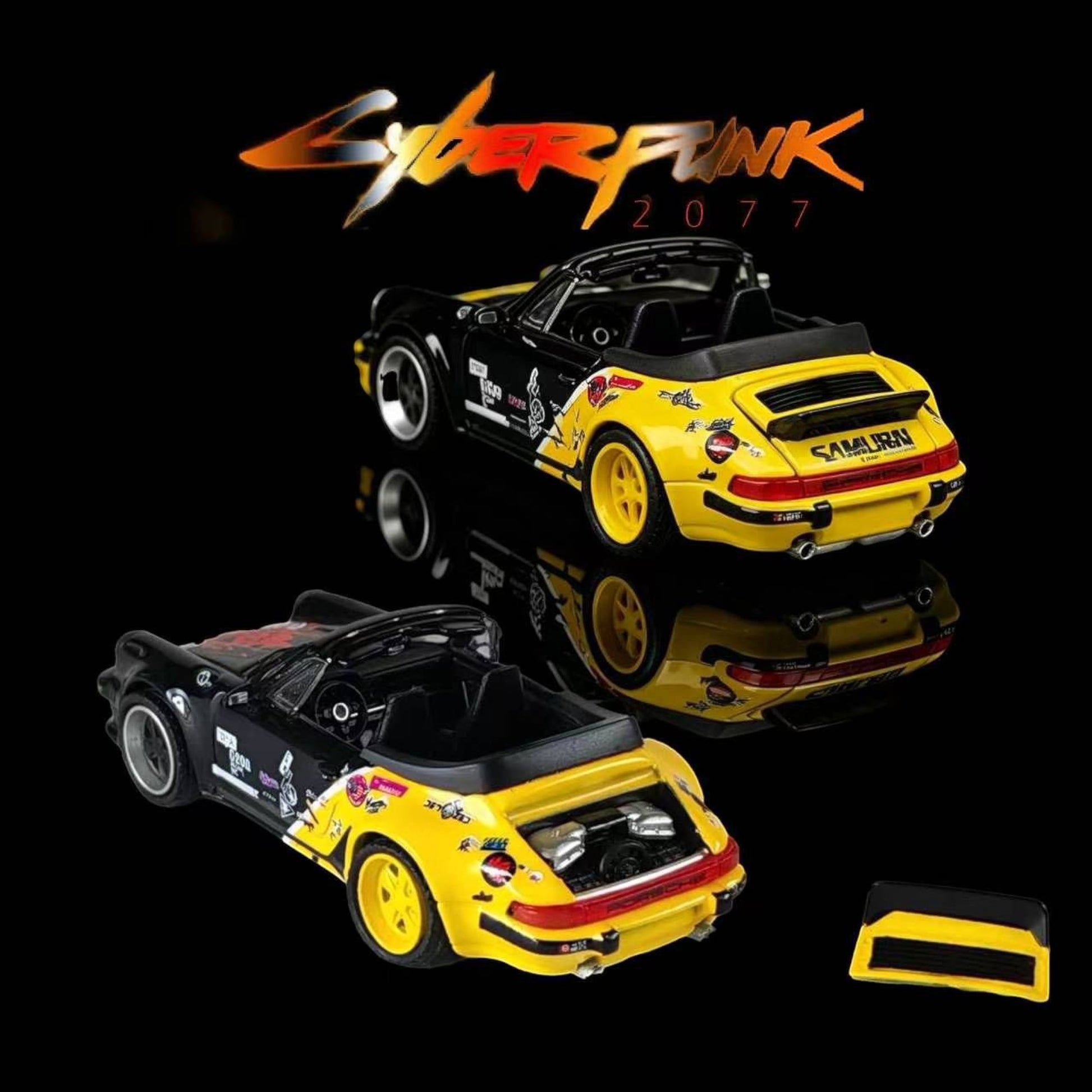 Lot57Supplies Diecast Shop 1:64 scale Rhino Model Porsche 911 Turbo Cabriolet in black and yellow Cyberpunk 2077 livery