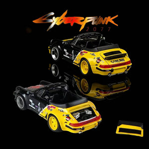 Lot57Supplies Diecast Shop 1:64 scale Rhino Model Porsche 911 Turbo Cabriolet in black and yellow Cyberpunk 2077 livery