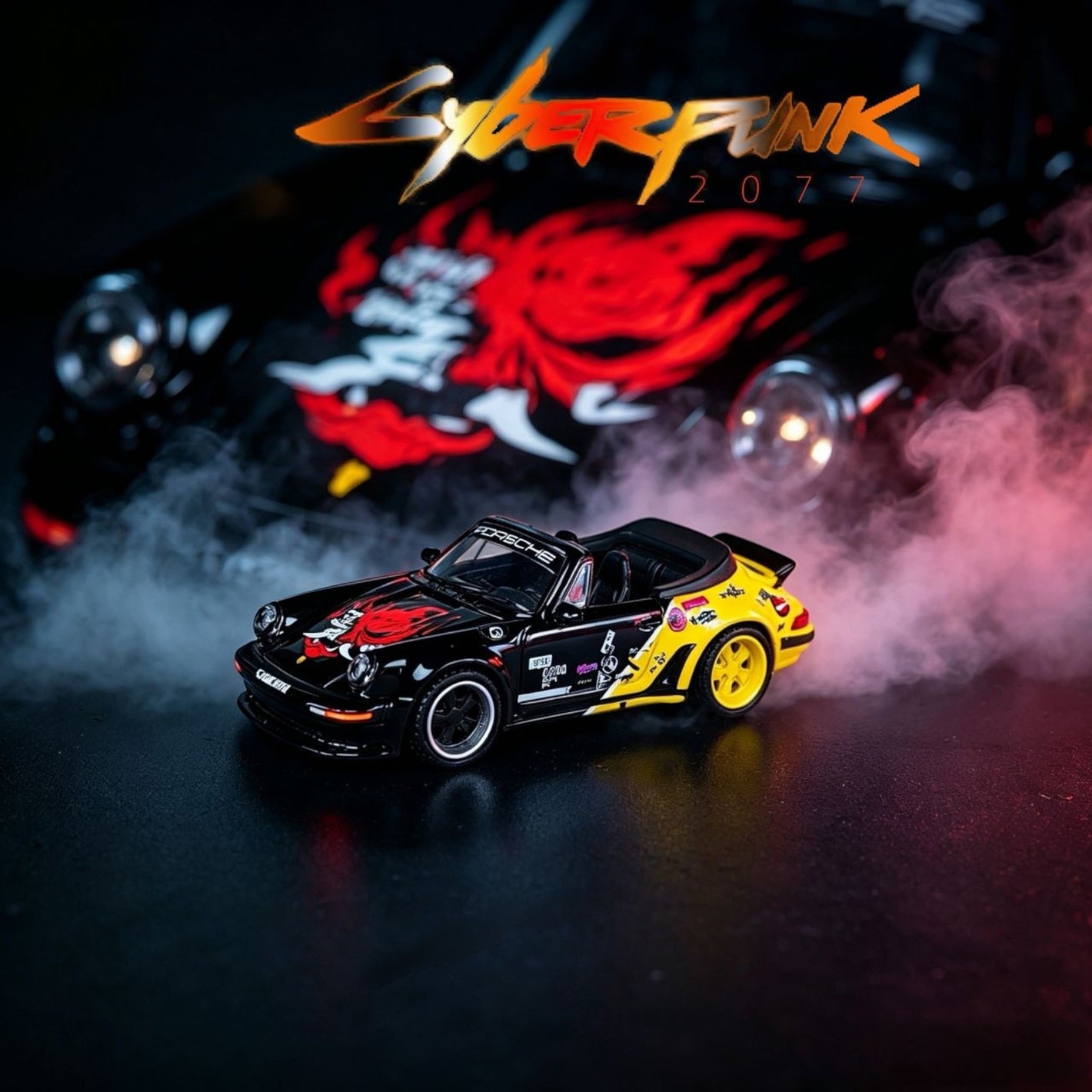 Lot57Supplies Diecast Shop 1:64 Rhino Model Porsche 911 Turbo Cabriolet in black and yellow Cyberpunk 2077 livery