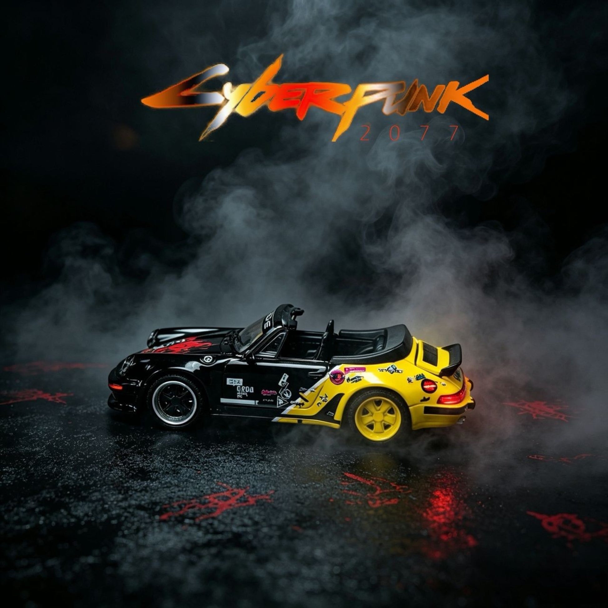 Lot57Supplies Diecast Shop 1:64 scale Rhino Model Porsche 911 Turbo Cabriolet in black and yellow Cyberpunk 2077 livery
