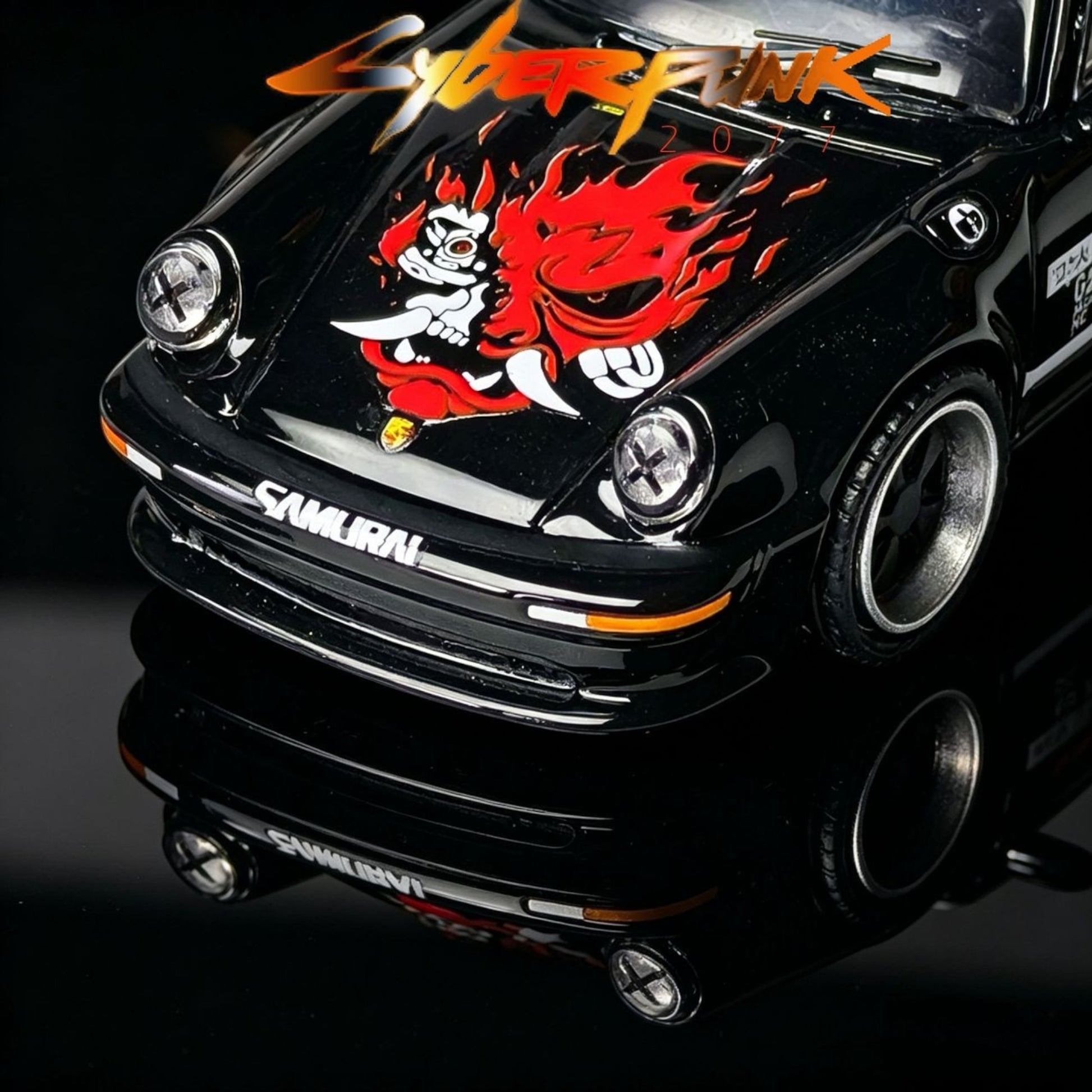 Lot57Supplies Diecast Shop 1:64 scale black Porsche 911 Turbo Cabriolet with Cyberpunk 2077 Samurai hood graphic