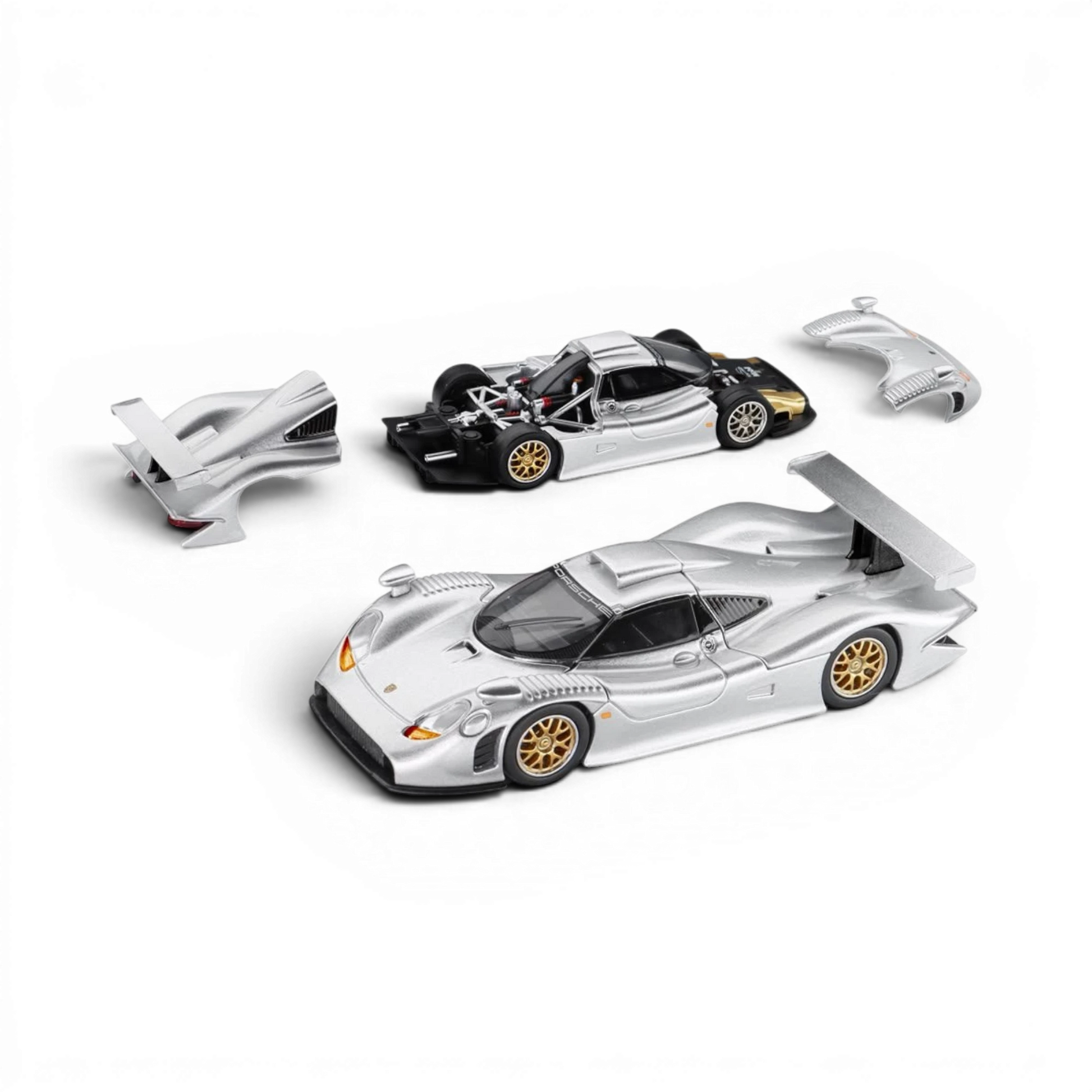 Lot57Supplies Diecast Shop Trends Porsche 911 GT1 1998 silver diecast model car with removable body panels
