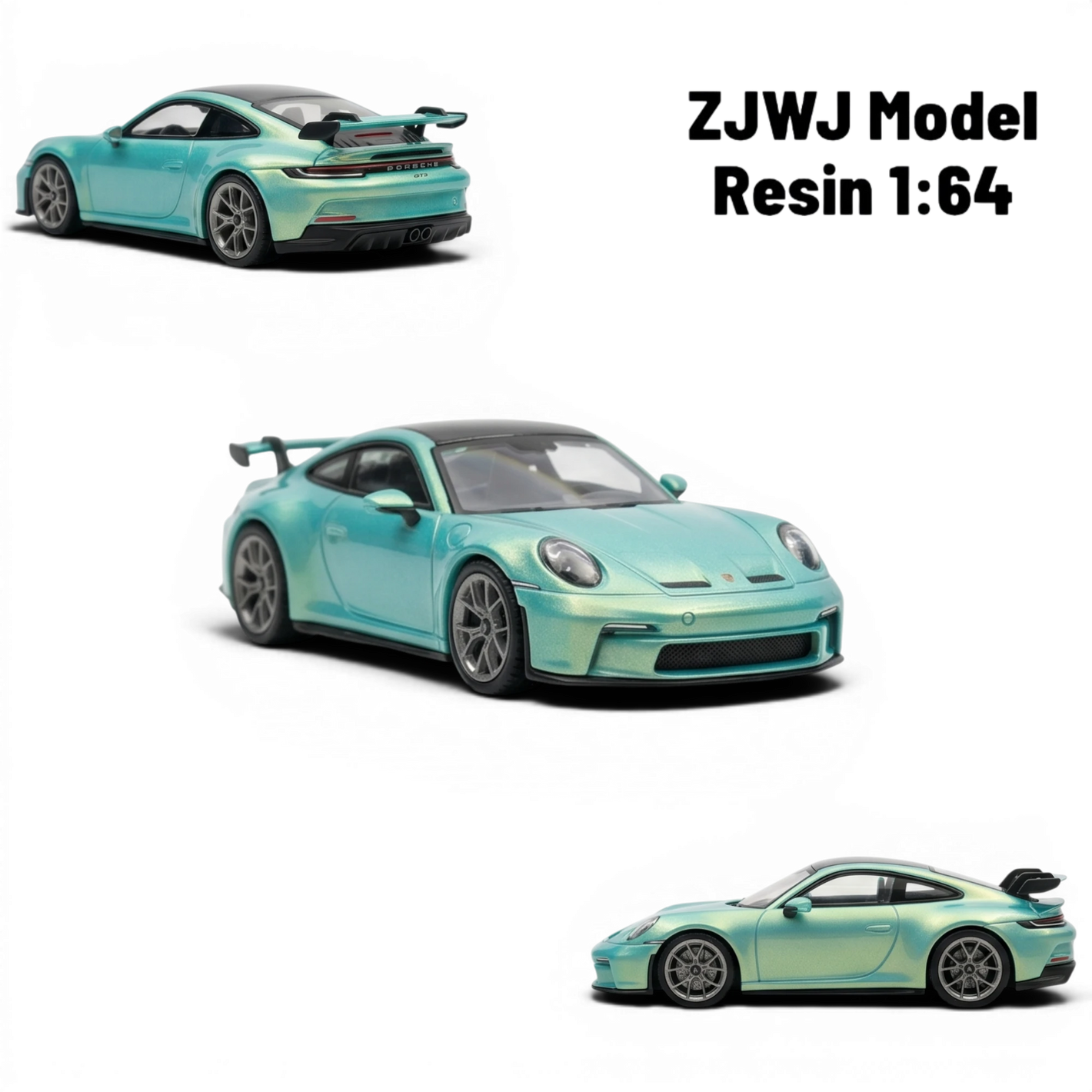 Lot57Supplies Diecast Shop ZJWJ Porsche 911 GT3 1:64 scale model in Bamboo Green resin with detailed wheels and spoiler.