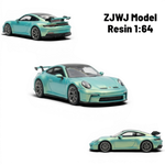 Lot57Supplies Diecast Shop ZJWJ Porsche 911 GT3 1:64 scale model in Bamboo Green resin with detailed wheels and spoiler.