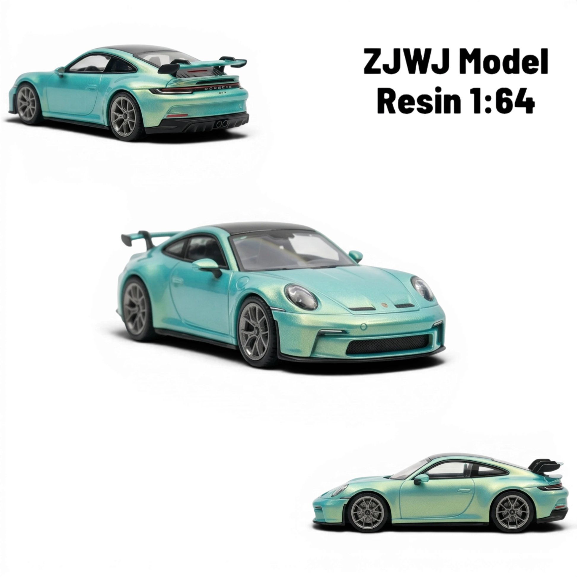 Lot57Supplies Diecast Shop ZJWJ Porsche 911 GT3 1:64 scale model in Bamboo Green resin with detailed wheels and spoiler.