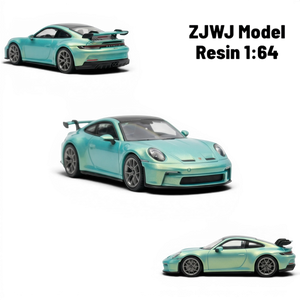 Lot57Supplies Diecast Shop ZJWJ Porsche 911 GT3 1:64 scale model in Bamboo Green resin with detailed wheels and spoiler.