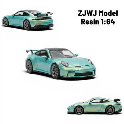 Lot57Supplies Diecast Shop ZJWJ Porsche 911 GT3 1:64 scale model in Bamboo Green resin with detailed wheels and spoiler.