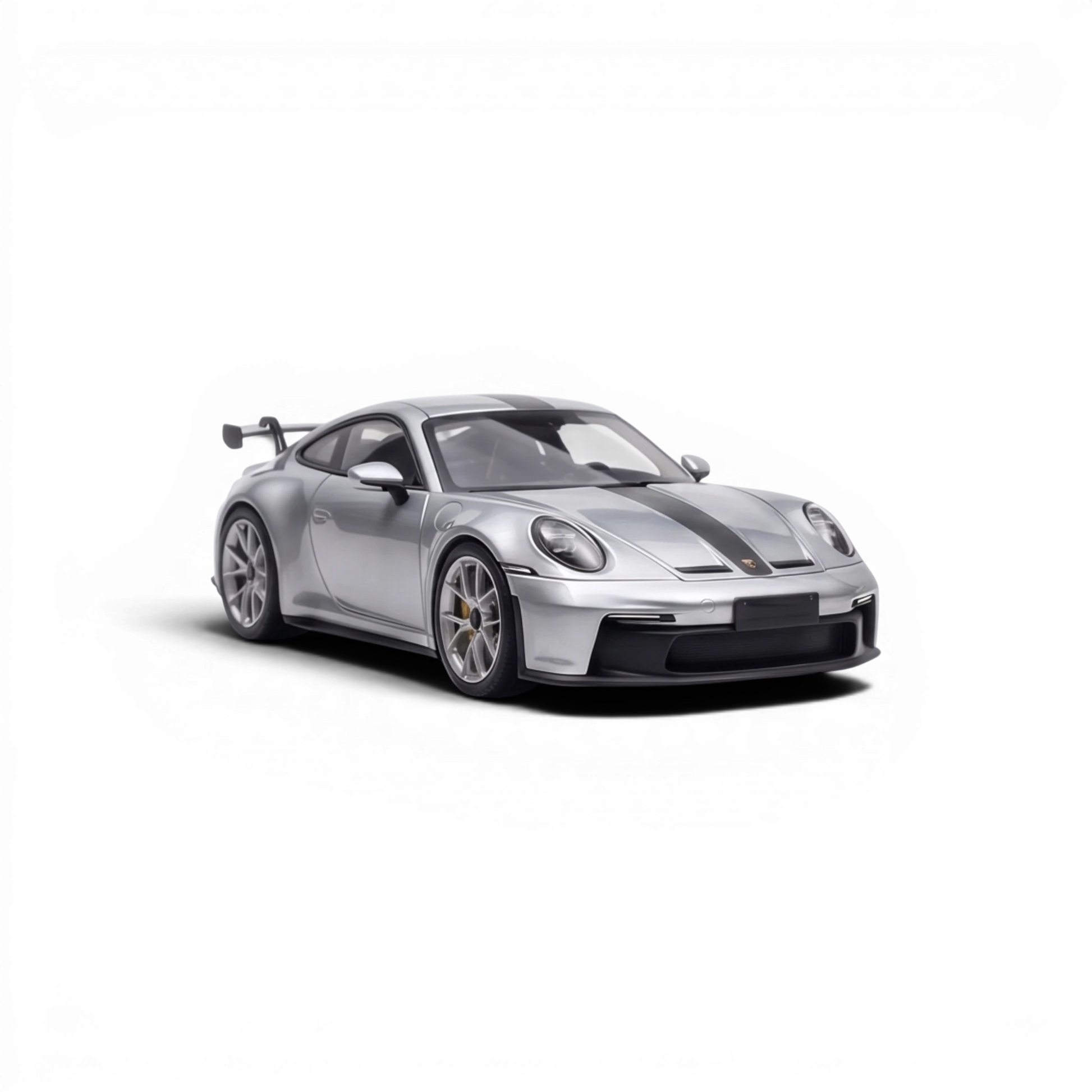 Lot57Supplies Diecast Shop 1:64 scale GT Silver Porsche 911 GT3 resin model with black racing stripes.
