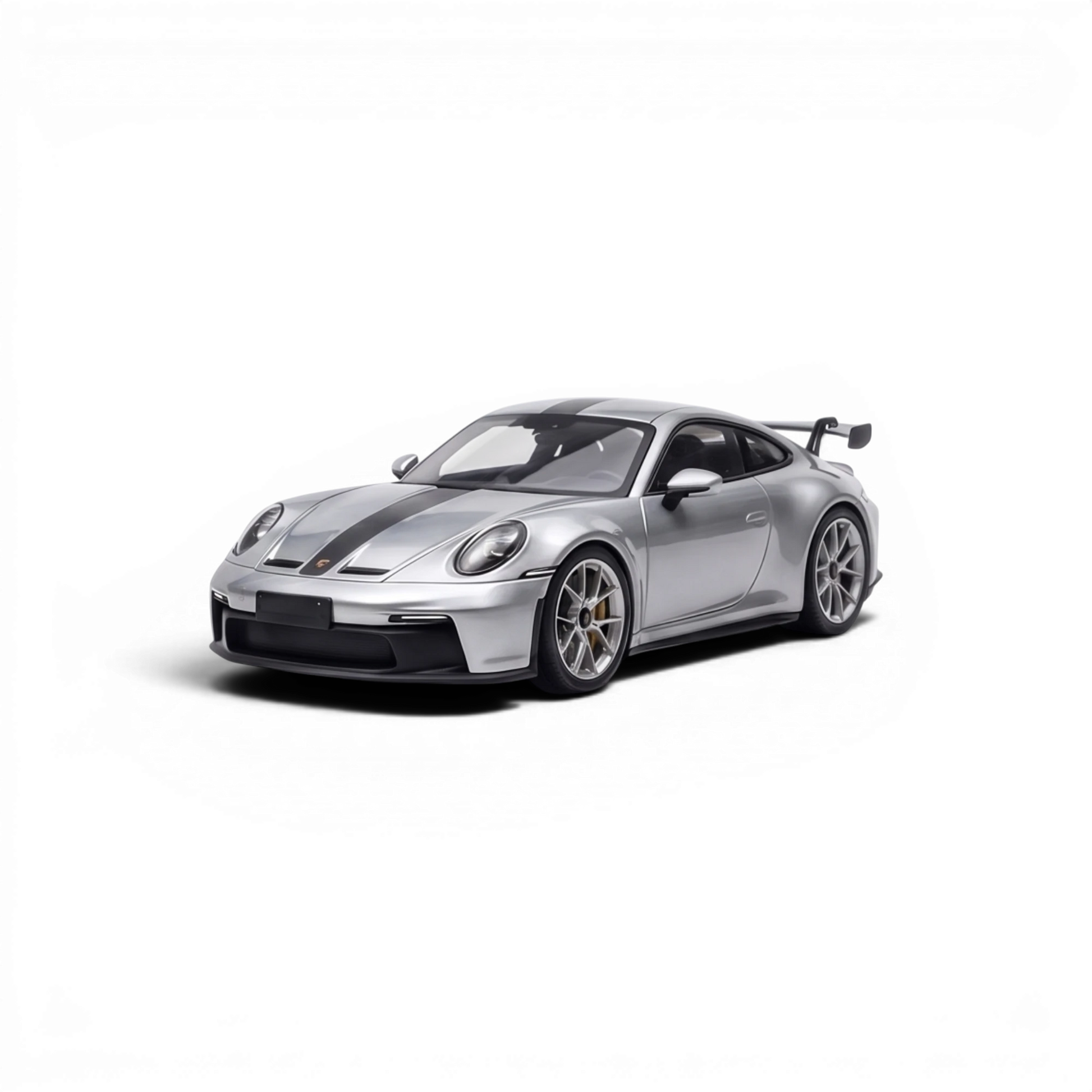 Lot57Supplies Diecast Shop 1:64 scale GT Silver Porsche 911 GT3 resin model with black racing stripes.