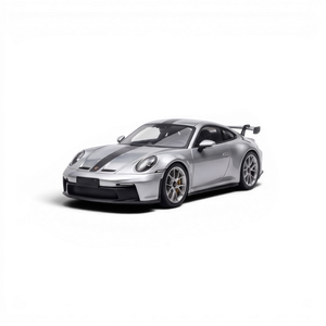 Lot57Supplies Diecast Shop 1:64 scale GT Silver Porsche 911 GT3 resin model with black racing stripes.