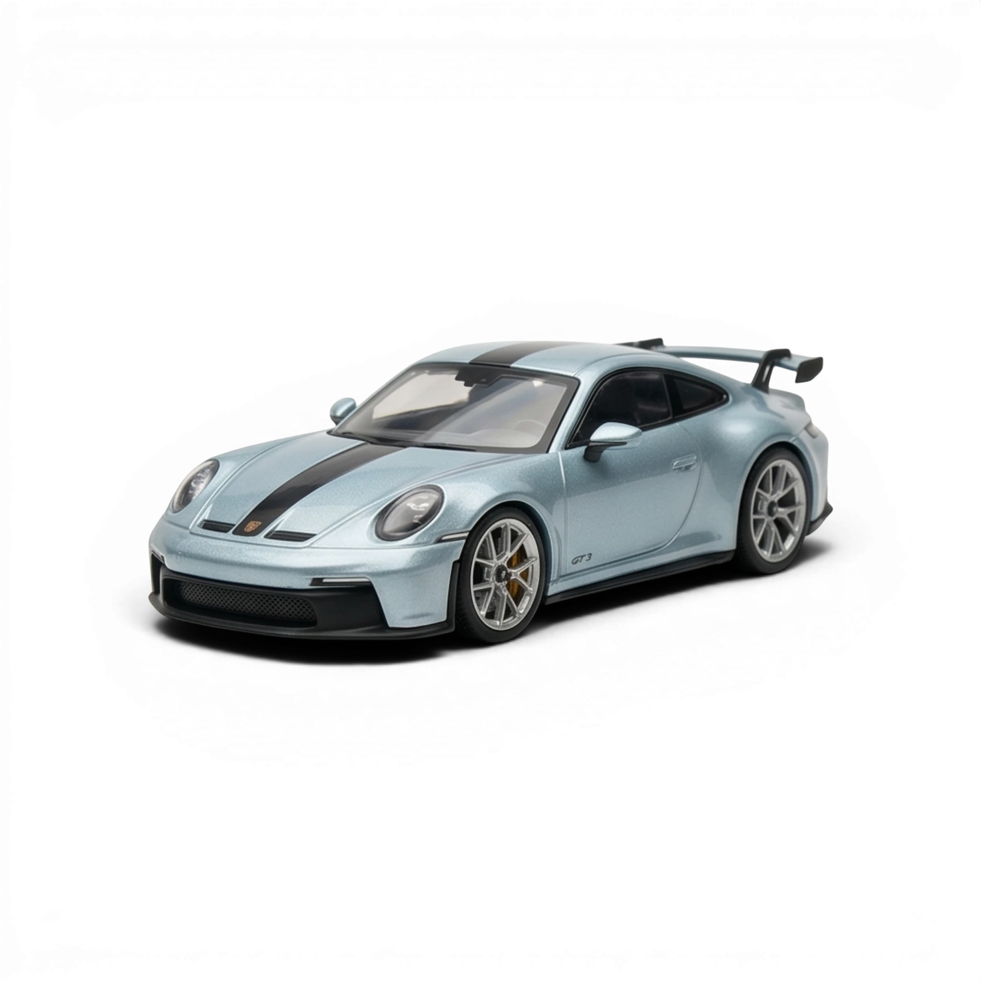 Lot57Supplies Diecast Shop 1:64 scale ice blue Porsche 911 GT3 resin model with black racing stripes.