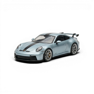 Lot57Supplies Diecast Shop 1:64 scale ice blue Porsche 911 GT3 resin model with black racing stripes.