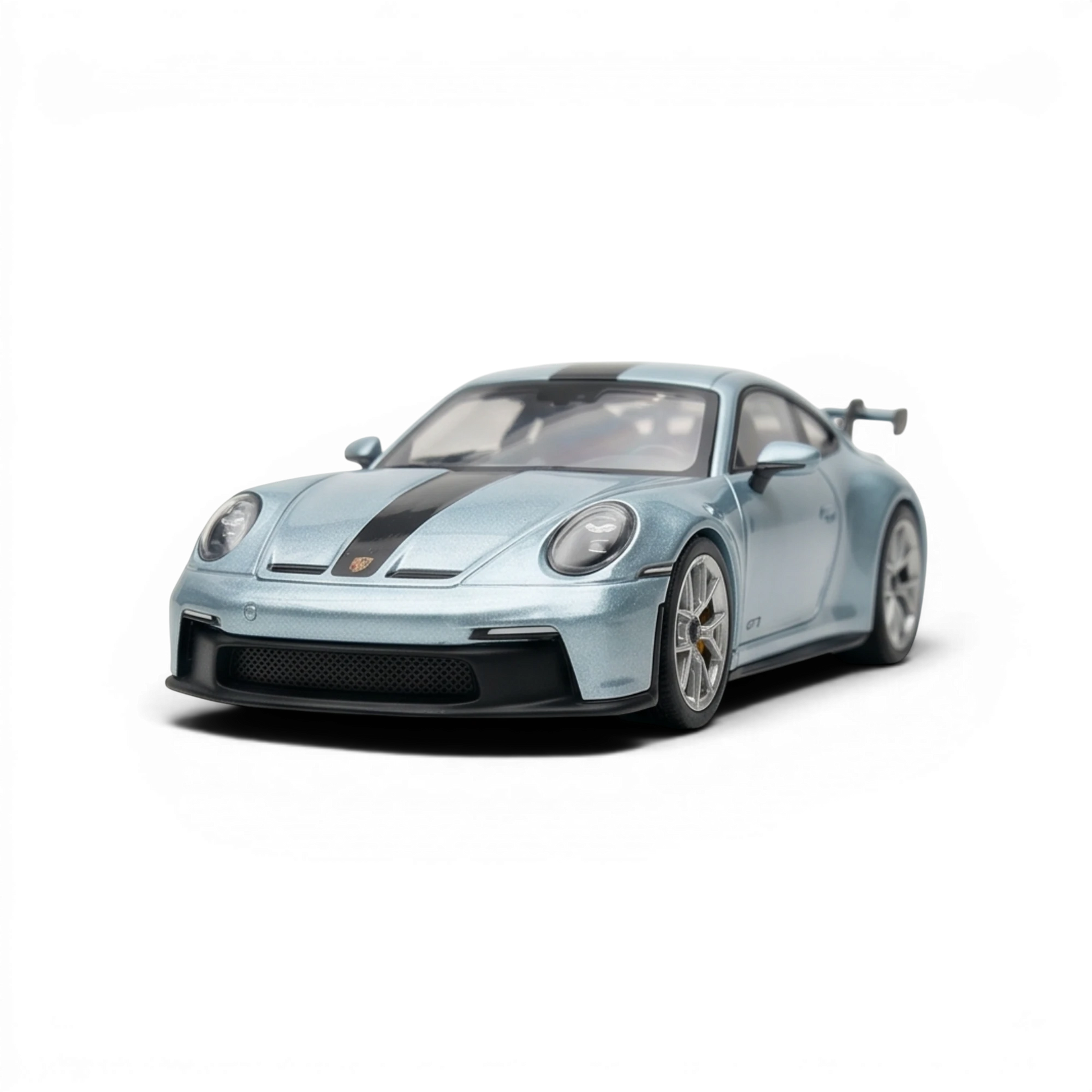 Lot57Supplies Diecast Shop ice blue 1:64 scale ZJWJ Porsche 911 GT3 resin model with black racing stripes.