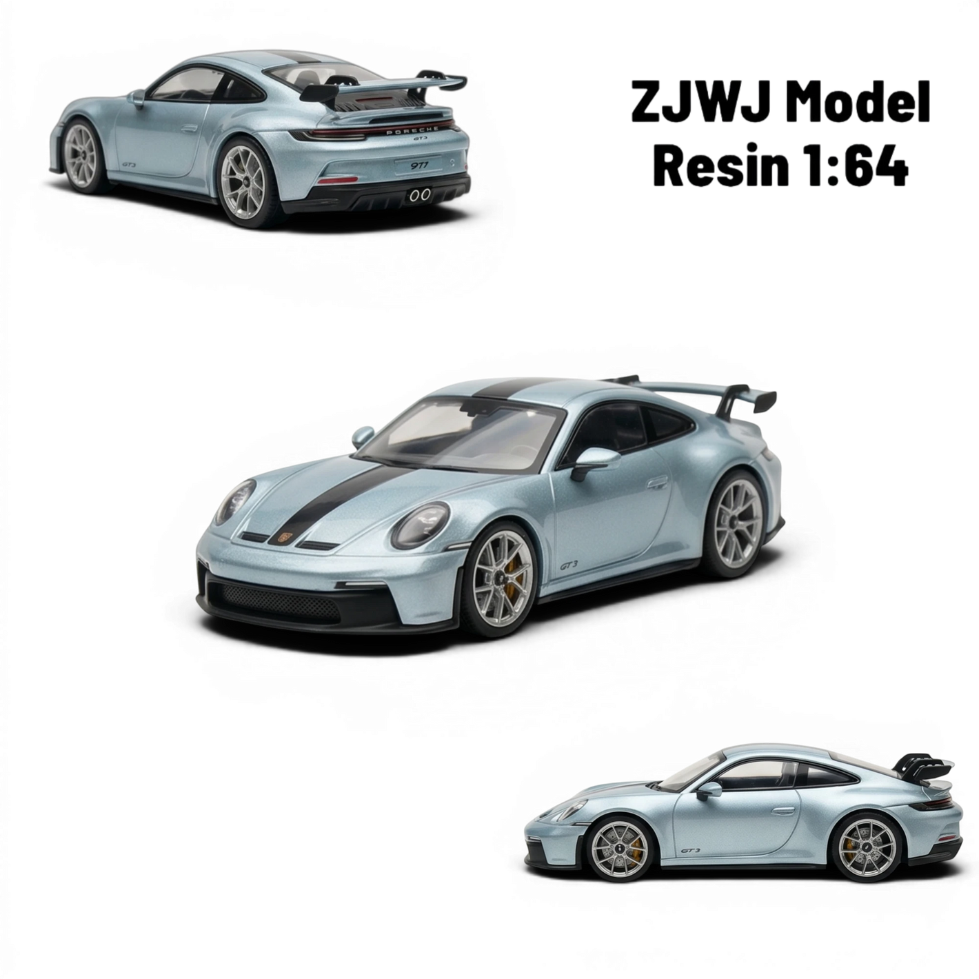 Lot57Supplies Diecast Shop ZJWJ Porsche 911 GT3 1:64 scale ice blue resin model car with black racing stripes.