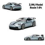 Lot57Supplies Diecast Shop ZJWJ Porsche 911 GT3 1:64 scale ice blue resin model car with black racing stripes.