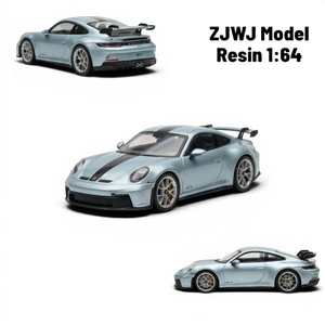 Lot57Supplies Diecast Shop ZJWJ Porsche 911 GT3 1:64 scale ice blue resin model car with black racing stripes.