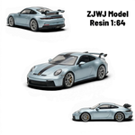 Lot57Supplies Diecast Shop ZJWJ Porsche 911 GT3 1:64 scale resin model car in ice blue with black racing stripes.