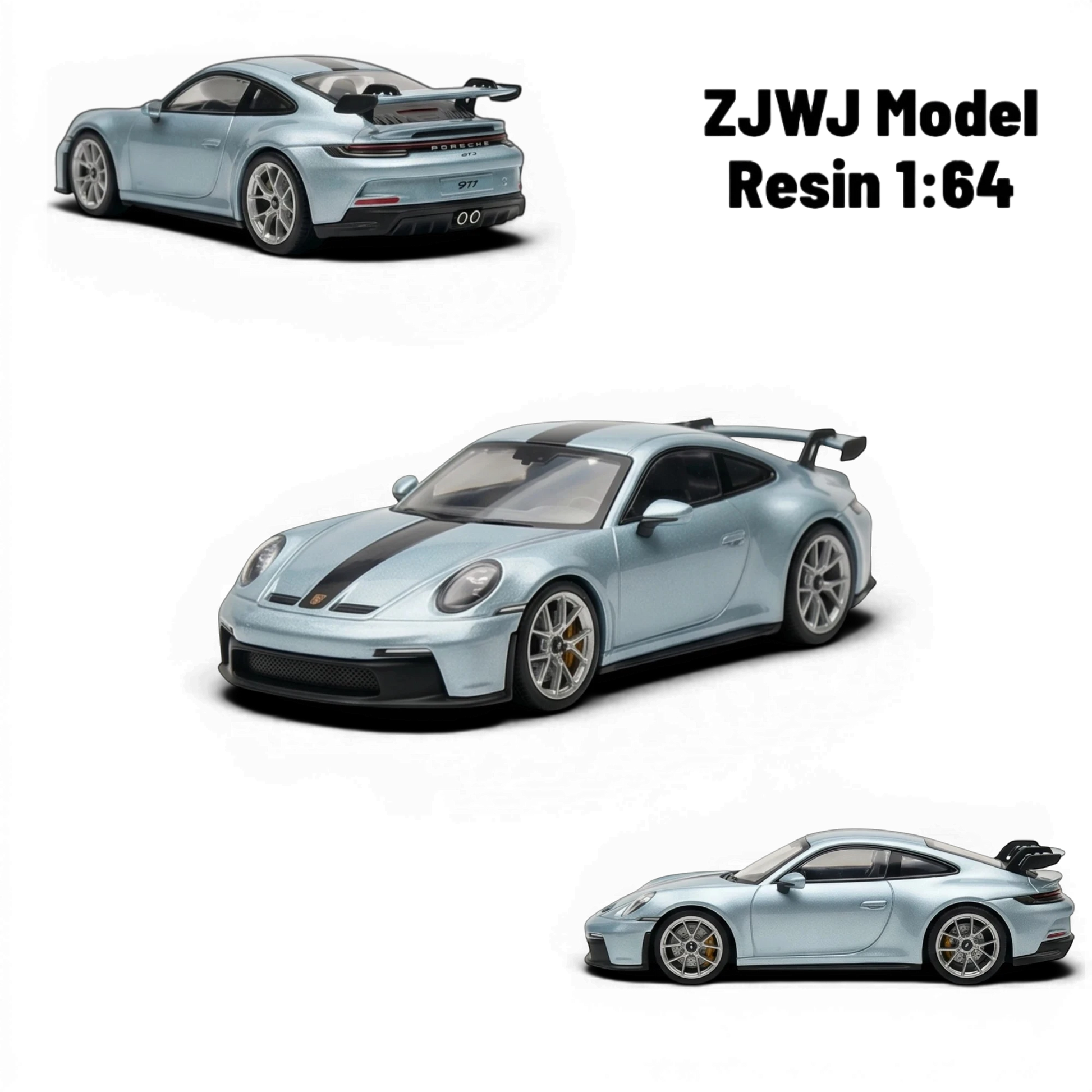 Lot57Supplies Diecast Shop ZJWJ Porsche 911 GT3 1:64 scale resin model car in ice blue with black racing stripes.