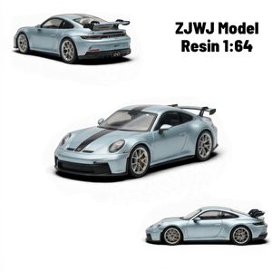 Lot57Supplies Diecast Shop ZJWJ Porsche 911 GT3 1:64 scale resin model car in ice blue with black racing stripes.