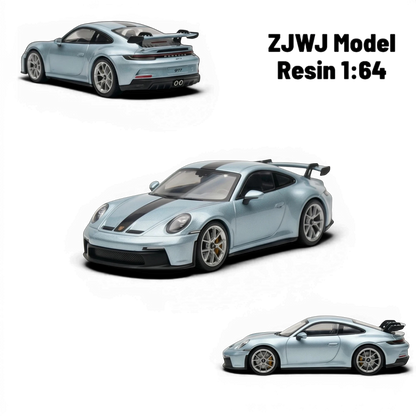 Lot57Supplies Diecast Shop ZJWJ Porsche 911 GT3 1:64 scale resin model car in ice blue with black racing stripes.