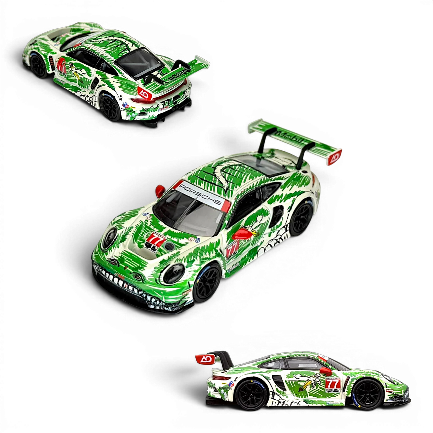 Lot57Supplies Diecast Shop 1:64 scale TOP LUX Porsche 911 GT3 R diecast car with green dinosaur sketch livery