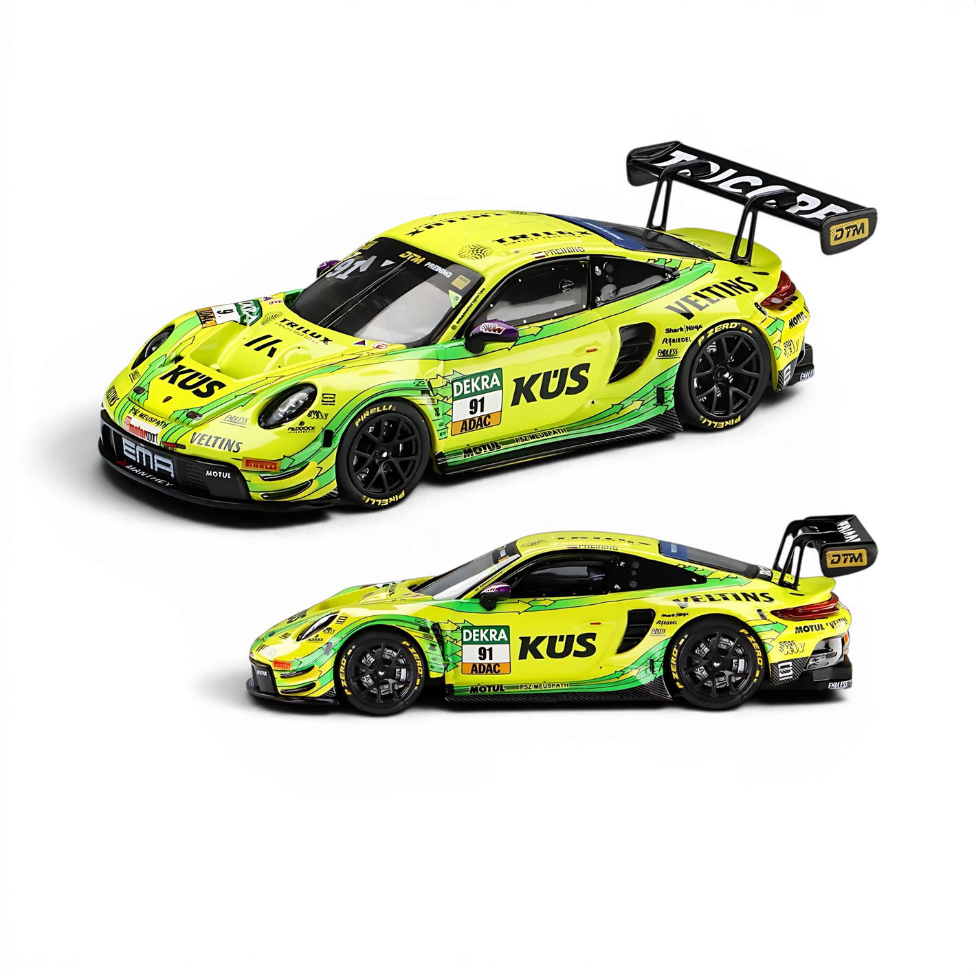 Lot57Supplies Diecast Shop Trends Hobby Porsche 911 GT3 R DTM 2025 No.91 diecast model car in neon green livery.
