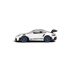 Lot57Supplies Diecast Shop Mini GT 1:64 scale white Porsche 911 GT3 RS diecast model with blue wheels and rear wing