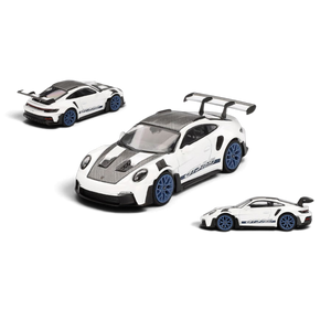 Lot57Supplies Diecast Shop Mini GT Porsche 911 GT3 RS Weissach Package diecast model car in white with blue wheels