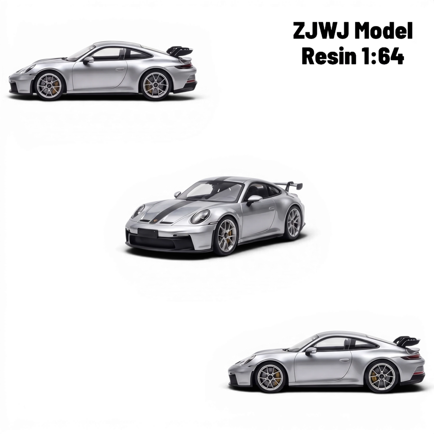 Lot57Supplies Diecast Shop ZJWJ Porsche 911 GT3 1:64 scale resin model in GT Silver with racing stripes.
