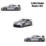 Lot57Supplies Diecast Shop ZJWJ Porsche 911 GT3 1:64 scale resin model in GT Silver with racing stripes.