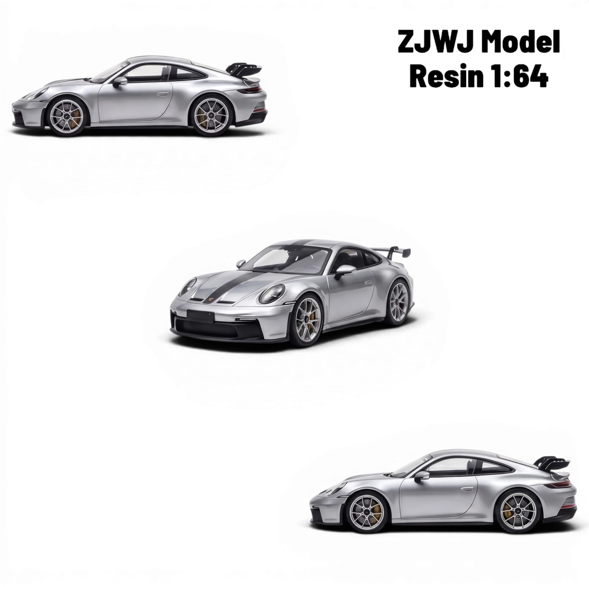 Lot57Supplies Diecast Shop ZJWJ Porsche 911 GT3 1:64 scale resin model in GT Silver with racing stripes.