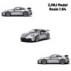Lot57Supplies Diecast Shop ZJWJ Porsche 911 GT3 1:64 scale resin model in GT Silver with racing stripes.