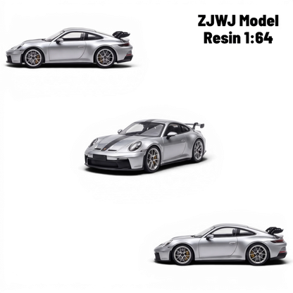 Lot57Supplies Diecast Shop ZJWJ Porsche 911 GT3 1:64 scale resin model in GT Silver with racing stripes.