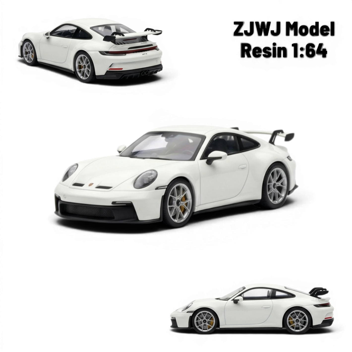Lot57Supplies Diecast Shop ZJWJ Porsche 911 GT3 1:64 scale luminous white resin model car with detailed wheels and spoiler.