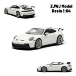 Lot57Supplies Diecast Shop ZJWJ Porsche 911 GT3 1:64 scale luminous white resin model car with detailed wheels and spoiler.