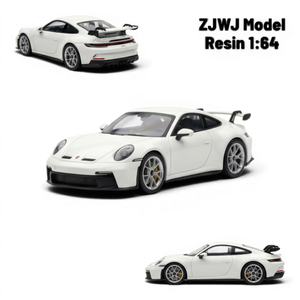 Lot57Supplies Diecast Shop ZJWJ Porsche 911 GT3 1:64 scale luminous white resin model car with detailed wheels and spoiler.