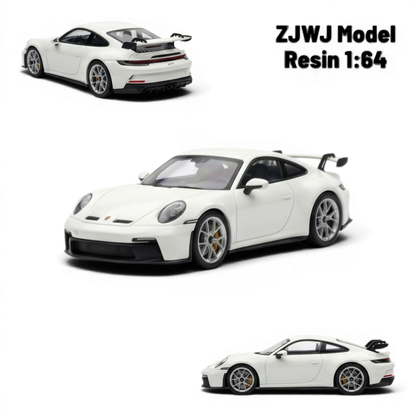 Lot57Supplies Diecast Shop ZJWJ Porsche 911 GT3 1:64 scale luminous white resin model car with detailed wheels and spoiler.