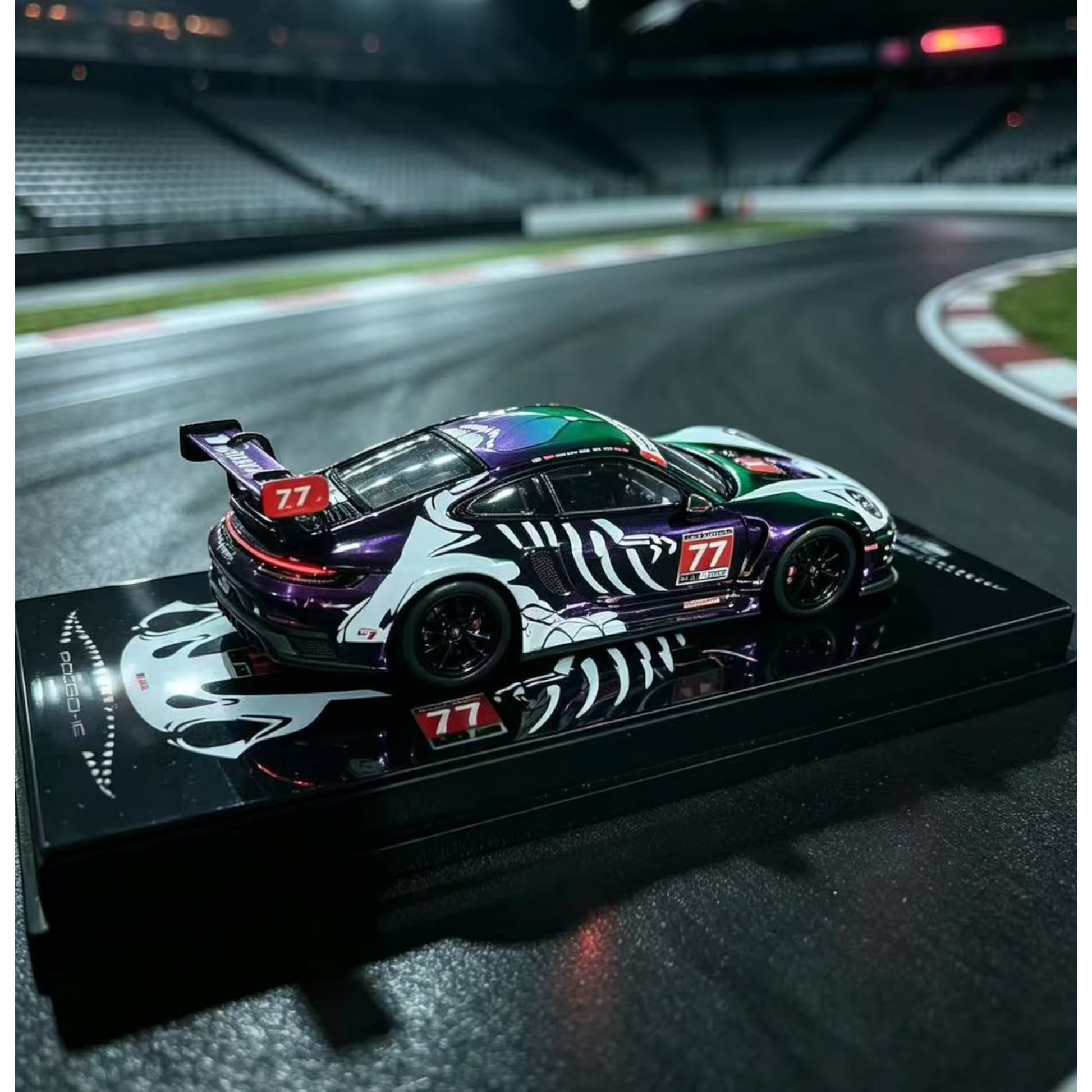 Lot57Supplies Diecast Shop 1:64 scale HubAuto Porsche 911 GT3R diecast model with purple and green skeleton livery