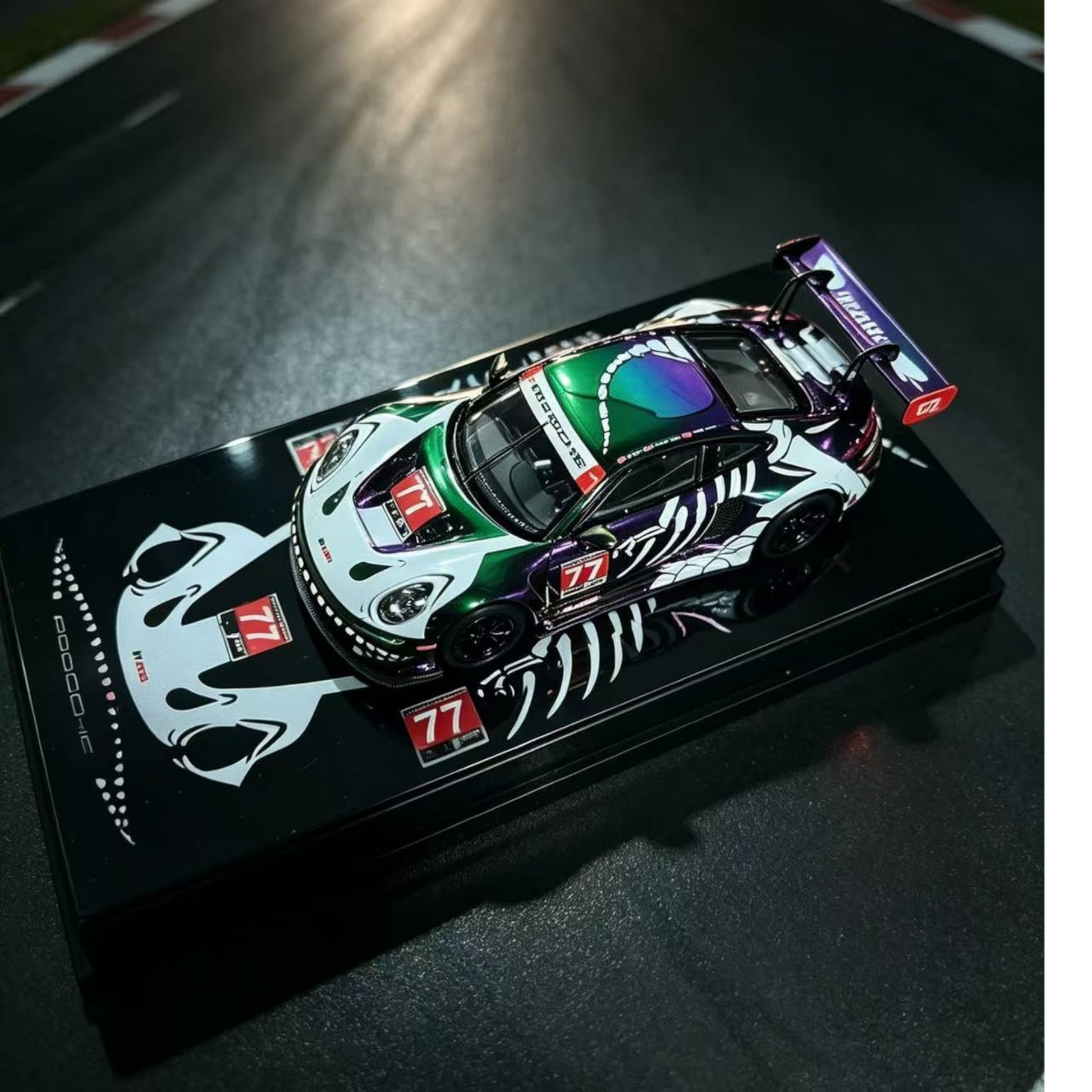 Lot57Supplies Diecast Shop HubAuto Porsche 911 GT3R 1:64 scale diecast model with iridescent purple and green livery