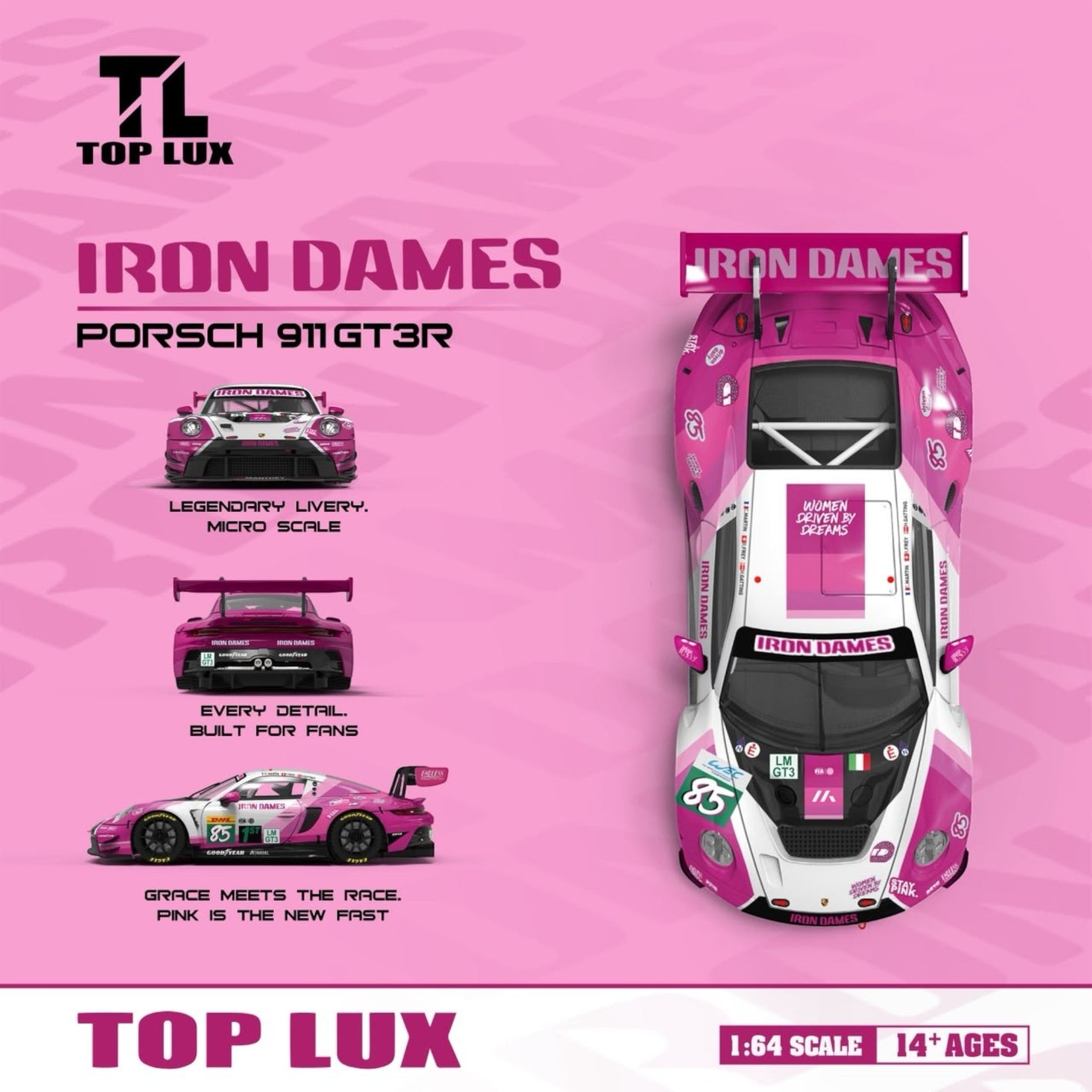 Lot57Supplies Diecast Shop TOP LUX 1:64 scale Porsche 911 GT3-R Iron Dames diecast model in pink and white livery.