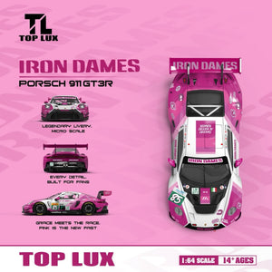 Lot57Supplies Diecast Shop TOP LUX 1:64 scale Porsche 911 GT3-R Iron Dames diecast model in pink and white livery.