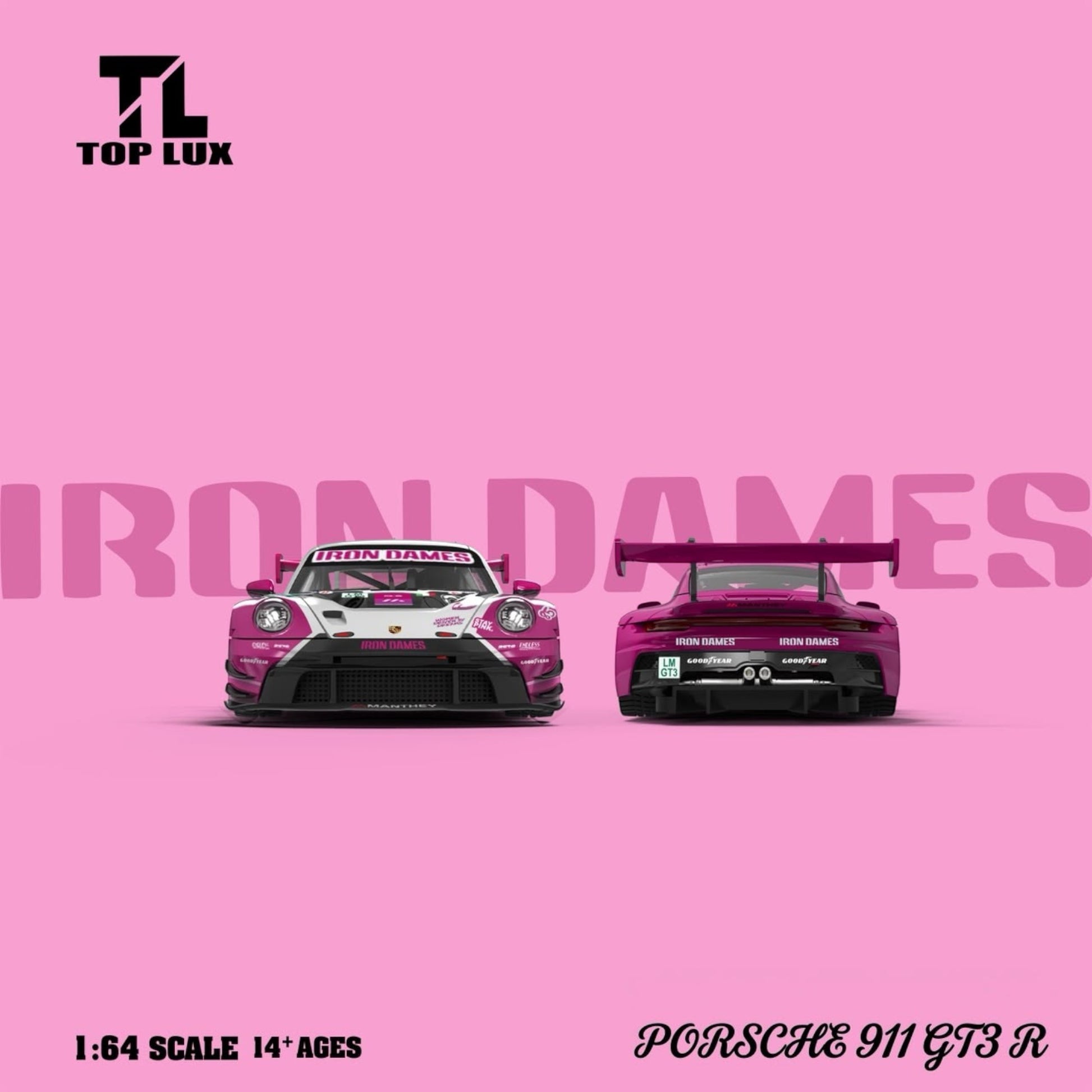 Lot57Supplies Diecast Shop TOP LUX 1:64 scale Porsche 911 GT3-R Iron Dames diecast model in pink and white.