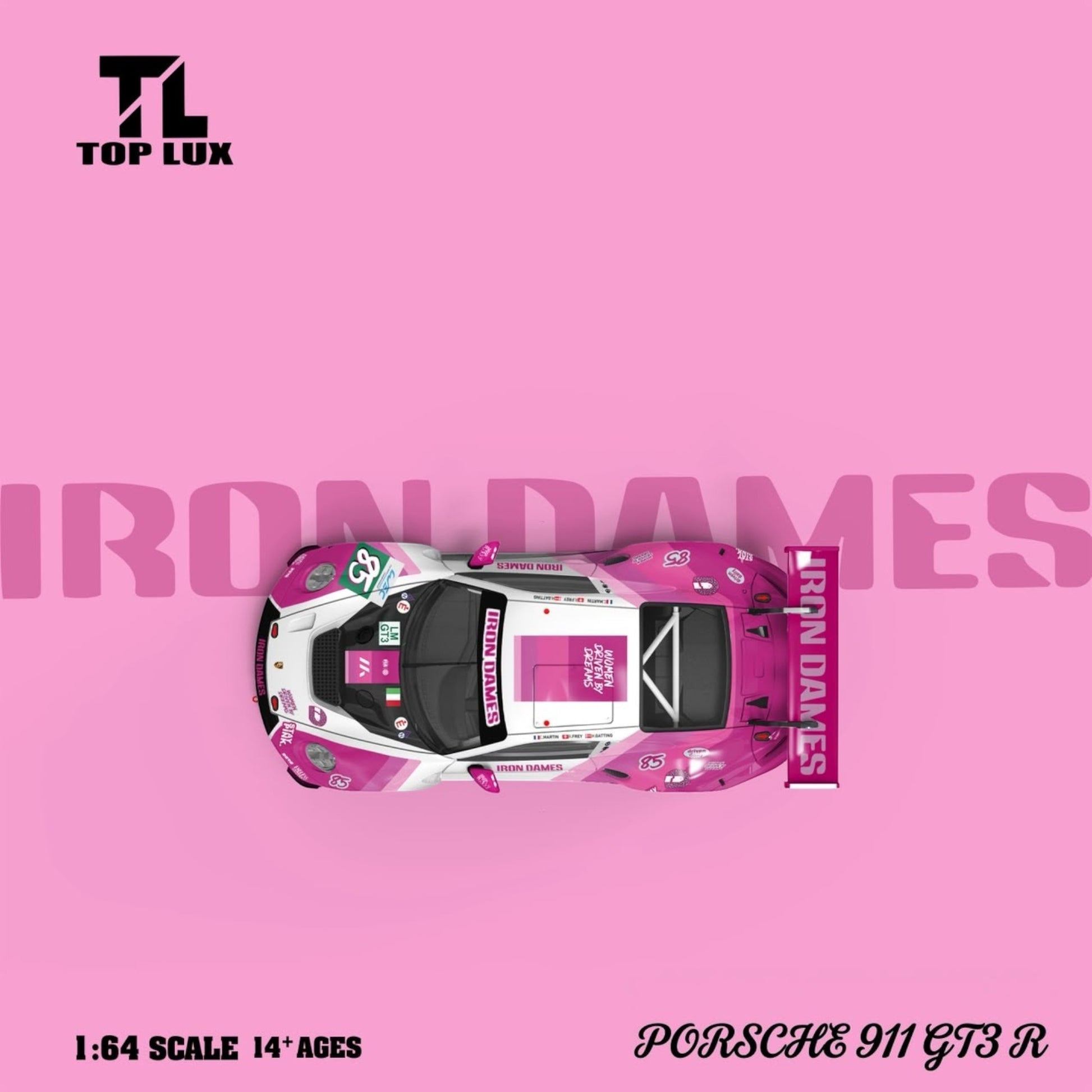 TOP LUX Lot57Supplies Diecast Shop 1:64 scale Porsche 911 GT3-R Iron Dames diecast car in pink and white.